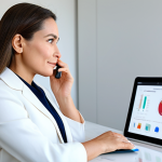 A sophisticated professional woman in her late 30s, dressed in elegant, modest business casual attire, fully clothed, appropriate attire. She is in a clean, minimalist home office with ample natural light. She gently holds a sleek, modern, handheld skin analysis device to her cheek, while simultaneously gazing at a tablet screen that displays a personalized skincare routine based on real-time data. The screen shows vibrant, clear graphs and intelligent recommendations. Her expression is thoughtful and confident, highlighting the convenience of smart beauty tech. Professional photography, perfect anatomy, correct proportions, natural pose, well-formed hands, proper finger count, natural body proportions, high quality, sharp focus, inviting atmosphere, safe for work, appropriate content, fully clothed, professional, modest.