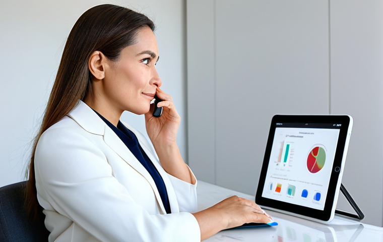 A sophisticated professional woman in her late 30s, dressed in elegant, modest business casual attire, fully clothed, appropriate attire. She is in a clean, minimalist home office with ample natural light. She gently holds a sleek, modern, handheld skin analysis device to her cheek, while simultaneously gazing at a tablet screen that displays a personalized skincare routine based on real-time data. The screen shows vibrant, clear graphs and intelligent recommendations. Her expression is thoughtful and confident, highlighting the convenience of smart beauty tech. Professional photography, perfect anatomy, correct proportions, natural pose, well-formed hands, proper finger count, natural body proportions, high quality, sharp focus, inviting atmosphere, safe for work, appropriate content, fully clothed, professional, modest.