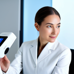 A professional, adult woman, dressed in a sleek, modest business-casual outfit, is seated at a clean, minimalist desk in a brightly lit, modern skincare clinic. She holds a compact, smart skin analysis device to her cheek, while a holographic or digital interface floats subtly nearby, displaying abstract, high-tech data visualizations of skin metrics. The background features blurred, glowing light sources and futuristic laboratory elements, suggesting advanced technology. The image emphasizes precision and innovation. Perfect anatomy, correct proportions, natural pose, well-formed hands, proper finger count, natural body proportions, fully clothed, modest clothing, appropriate attire, professional dress, safe for work, appropriate content, professional photography, high quality.