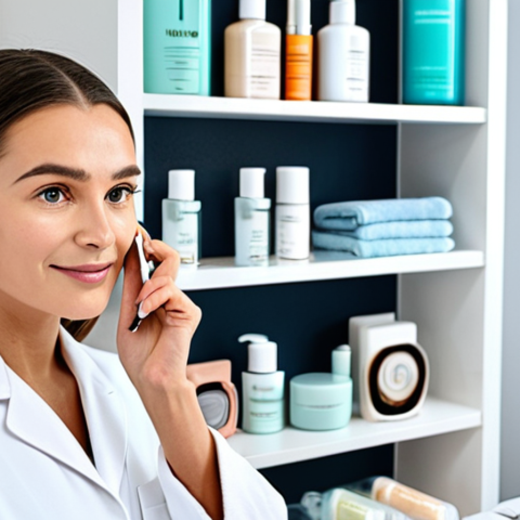 **

A woman in a modest skincare consultation setting, perhaps a bright, modern bathroom. She is fully clothed, wearing comfortable loungewear. She's holding a small AI skin analyzer device to her face. The background includes skincare products on a shelf. Perfect anatomy, correct proportions, natural pose, well-formed hands, proper finger count. High quality, professional photography, safe for work, appropriate content, fully clothed, professional.

**