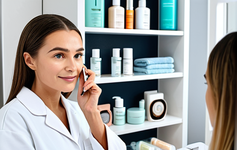 **

A woman in a modest skincare consultation setting, perhaps a bright, modern bathroom. She is fully clothed, wearing comfortable loungewear. She's holding a small AI skin analyzer device to her face. The background includes skincare products on a shelf. Perfect anatomy, correct proportions, natural pose, well-formed hands, proper finger count. High quality, professional photography, safe for work, appropriate content, fully clothed, professional.

**